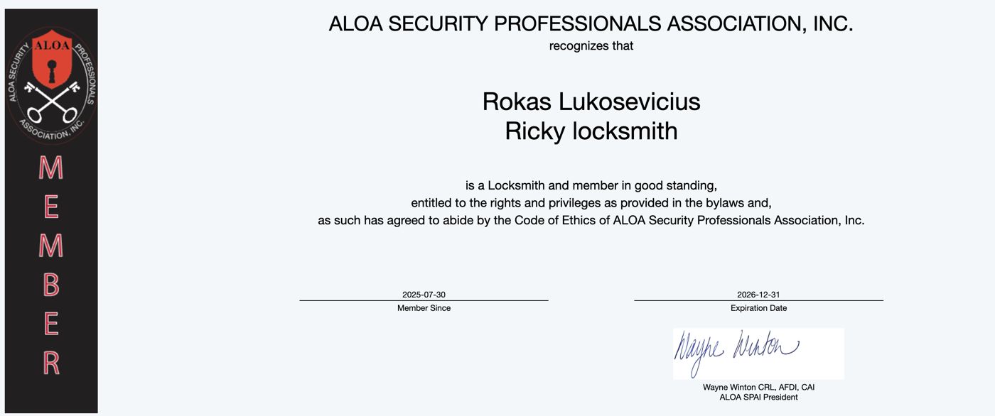 ALOA Security Professionals Association membership certificate for Rokas Lukosevicius, Ricky Locksmith