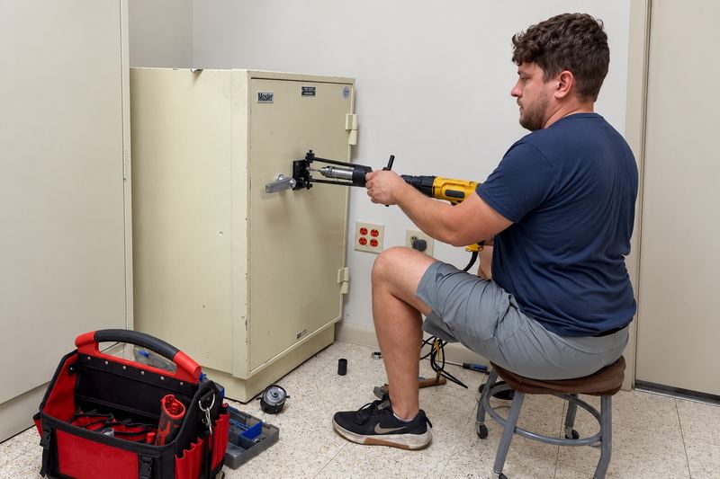 Locksmith technician servicing a large safe